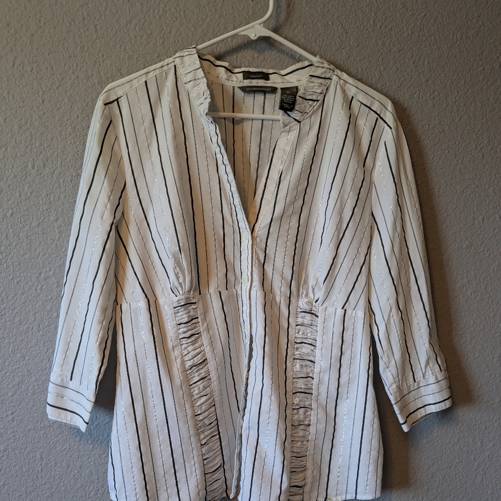 Hillard & Hanson White Blouse with Black And Silver Vertical Stripes XL - Picture 8 of 9